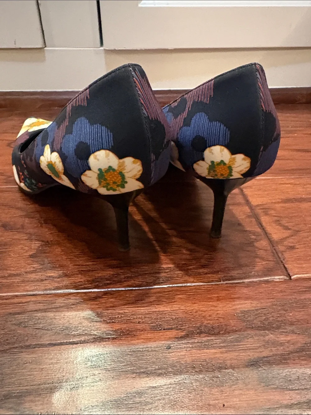 Casadei Navy Floral Pointed-Toe Pumps with Yellow Accents